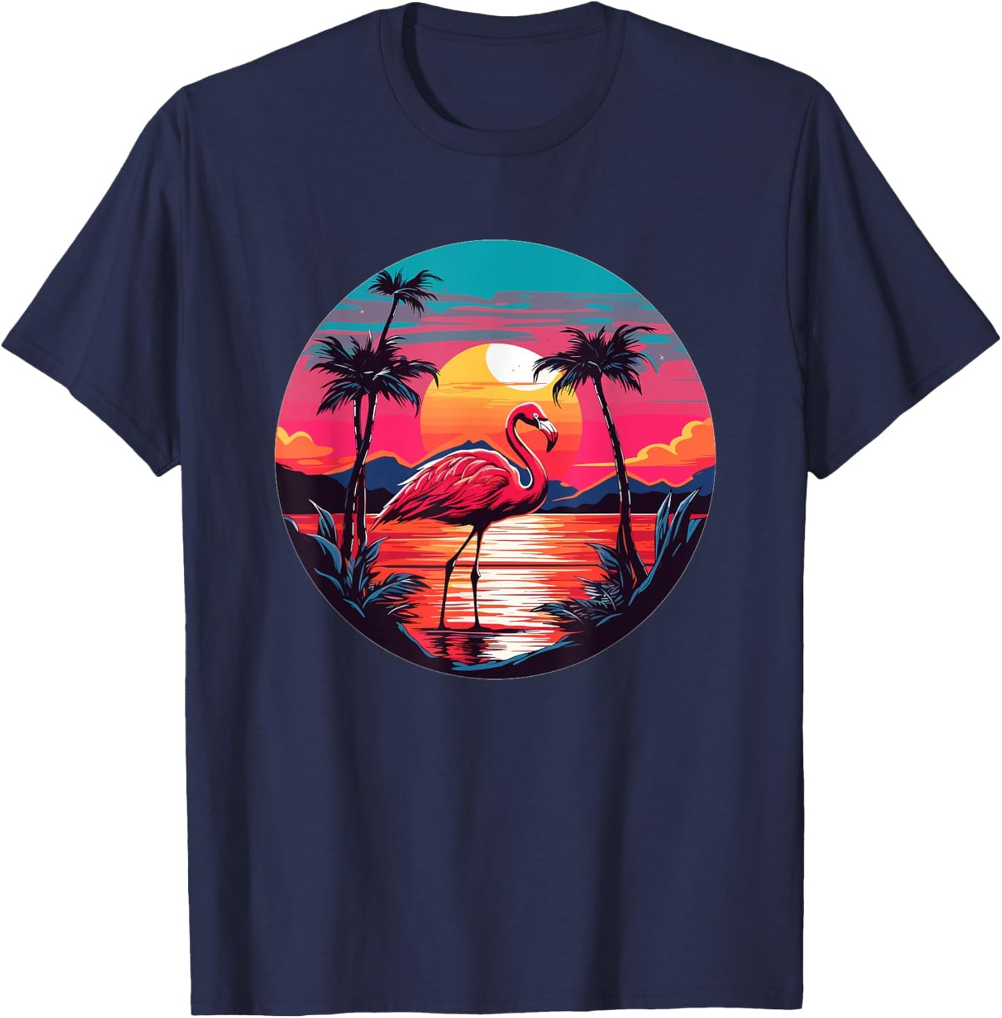 Flamingo Tropical Sunset Beach Palm Trees T-Shirt - T-Shirt | Navy