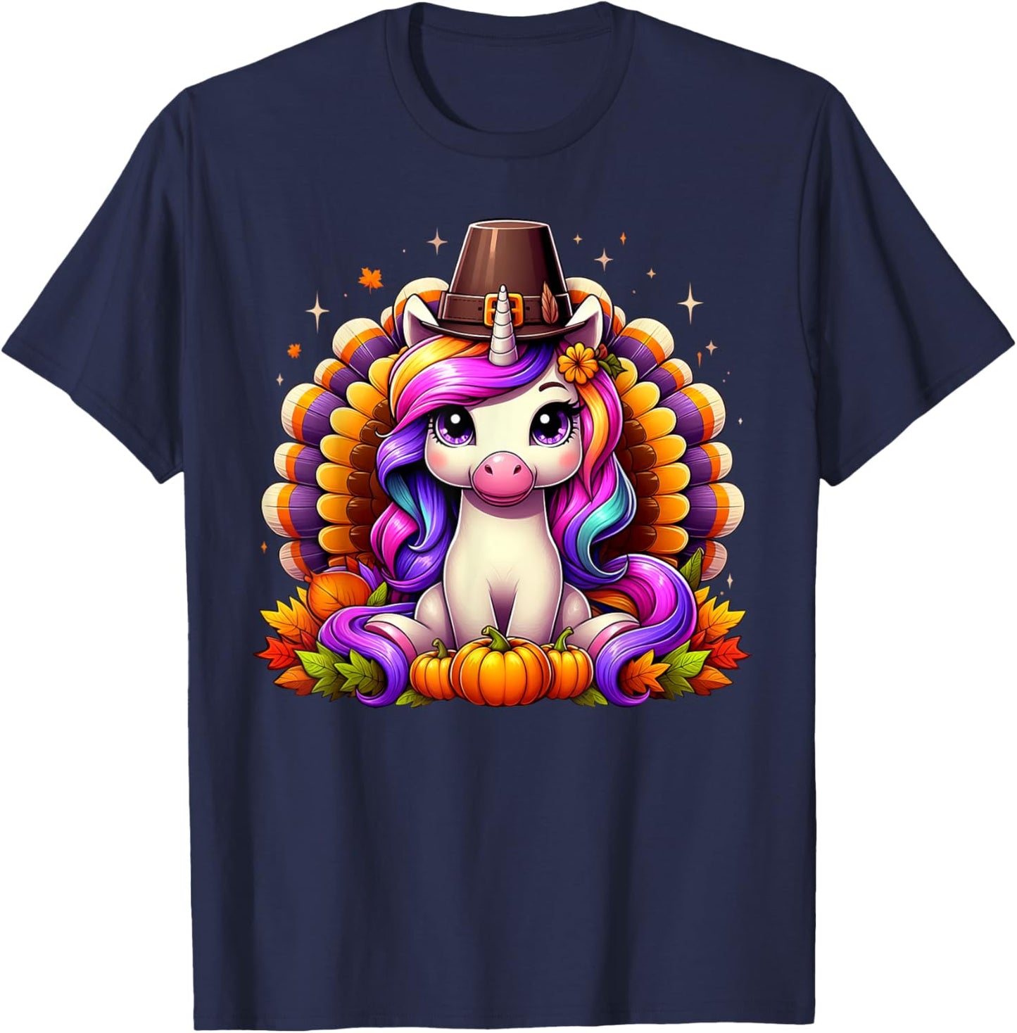Happy Thanksgiving Toddler Turkey Cute Unicorn Girls Kids T-Shirt - T-Shirt | Navy