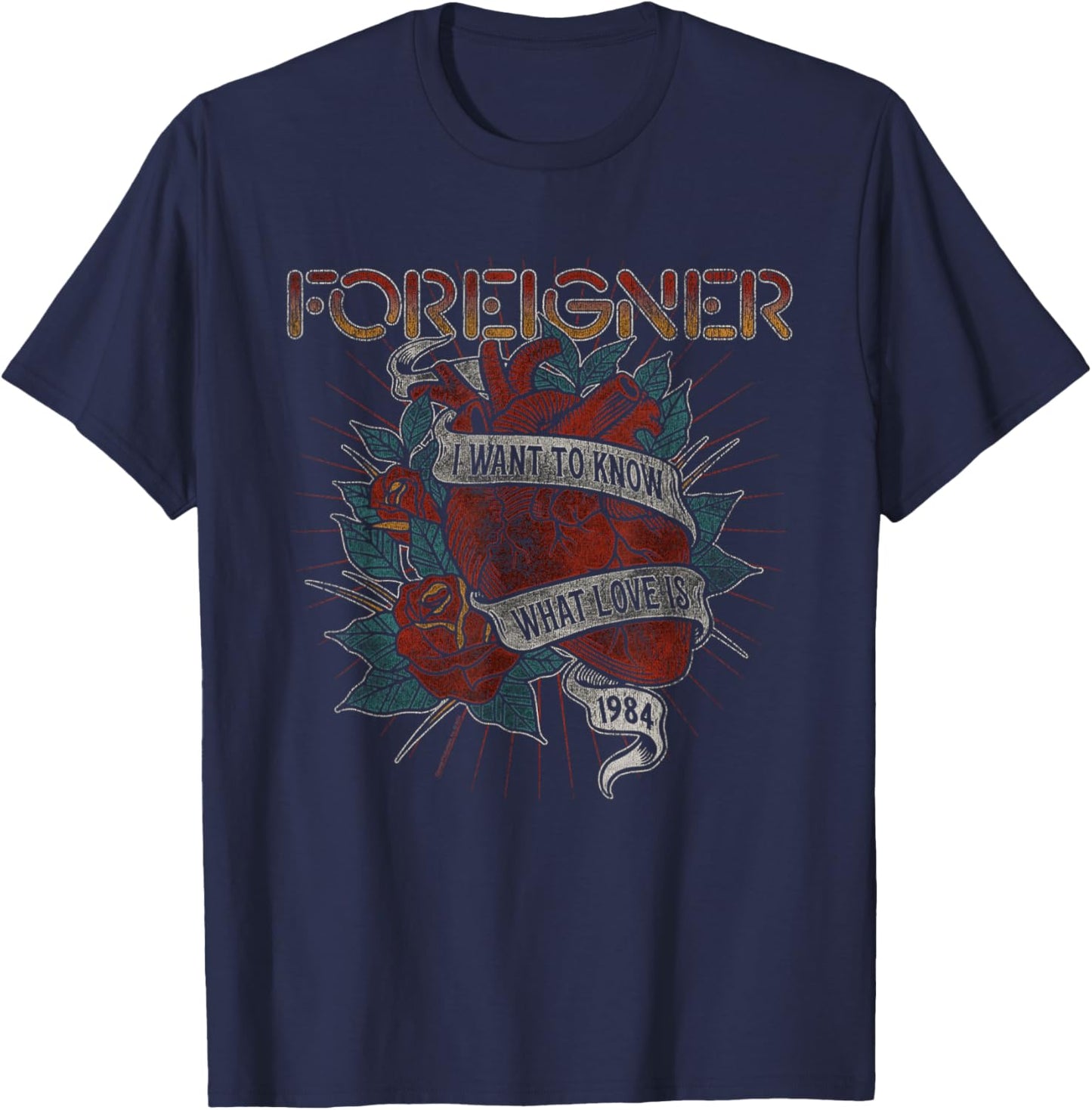 Foreigner Know What Love Is Heart Rose Tattoo Vintage Band T-Shirt - T-Shirt | Navy