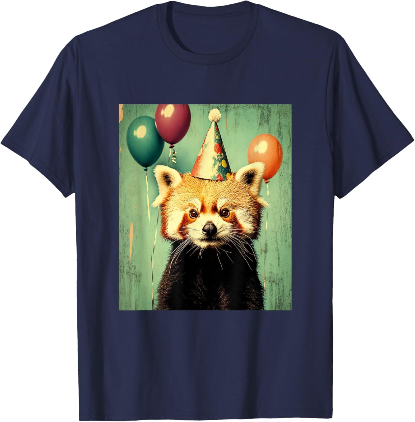 Red Panda Retro Art Print Birthday Party Balloons & Hat T-Shirt - T-Shirt | Navy