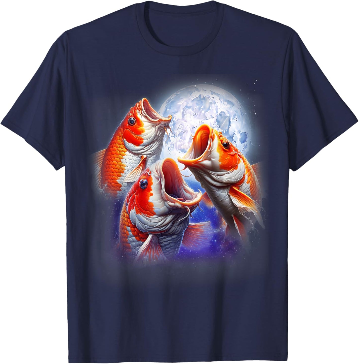 3 Koi Fish Howling At The Moon Funny Koi Carp Fish Keeper T-Shirt - T-Shirt | Navy