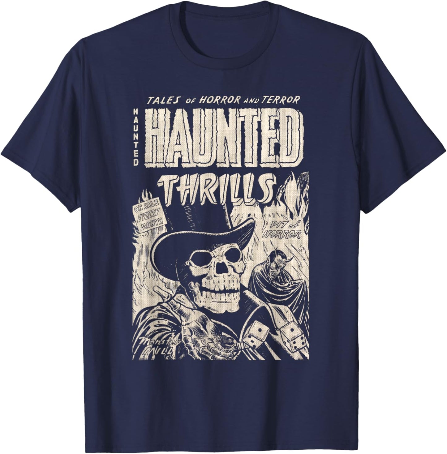 Vintage Master of Horror Skeleton Skull Haunted Thrills T-Shirt - T-Shirt | Navy