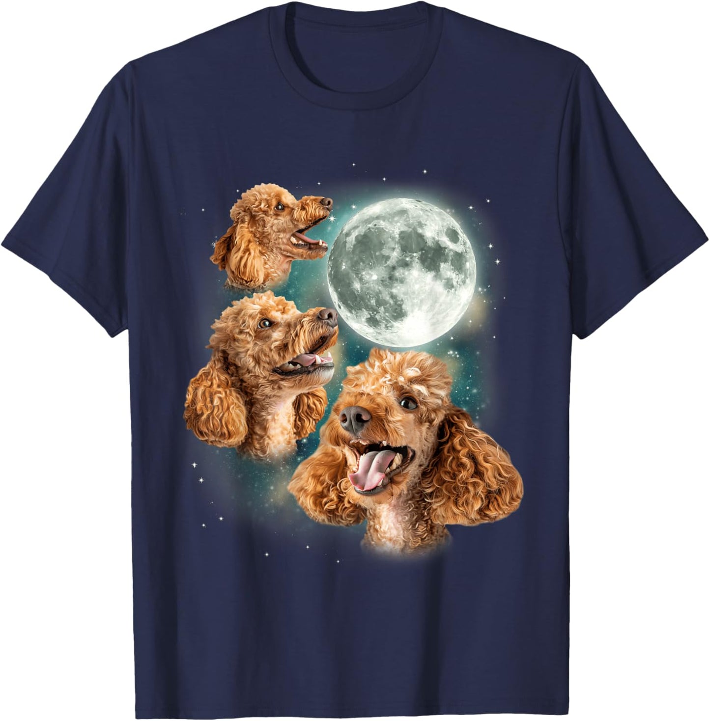 Three Poodle Moon | 3 Curly Canines Howling Weird Funny Meme T-Shirt - T-Shirt | Navy