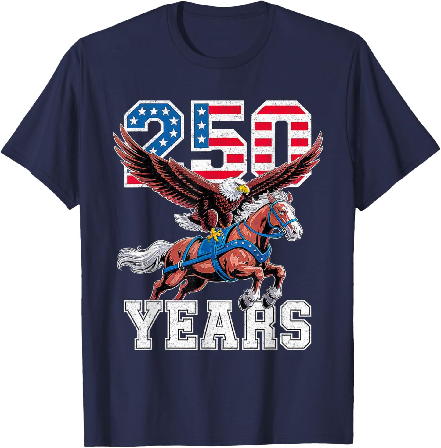 Retro USA 250th Anniversary Bald Eagle and Clydesdale Horse T-Shirt - T-Shirt | Navy
