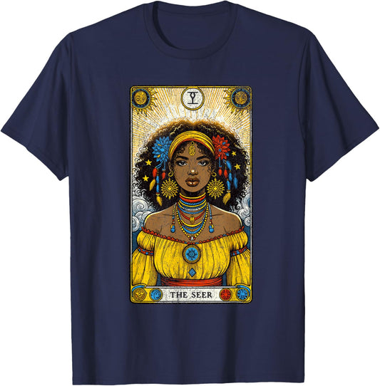 Vintage The Seer Tarot Card Black Girl African American T-Shirt - T-Shirt | Navy