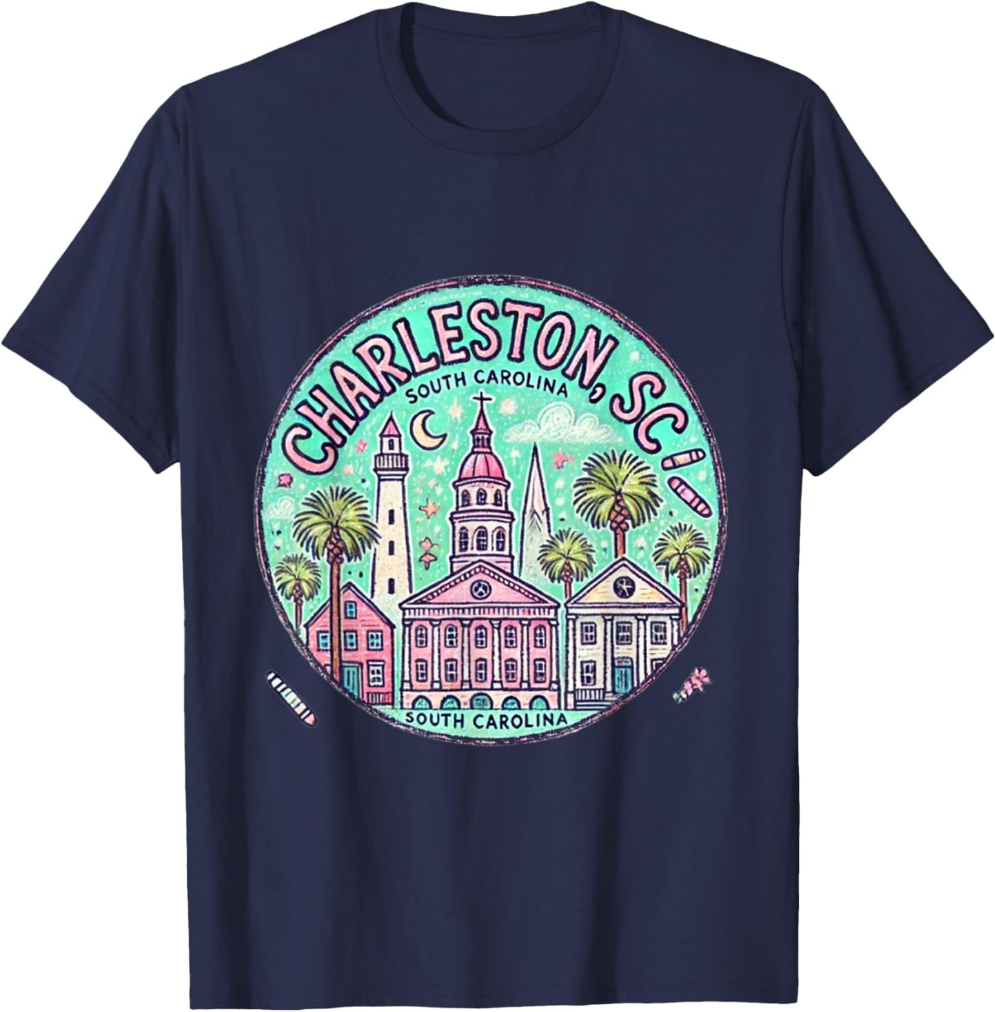 Charleston SC Rainbow Row in pastels trendy T-Shirt - T-Shirt | Navy