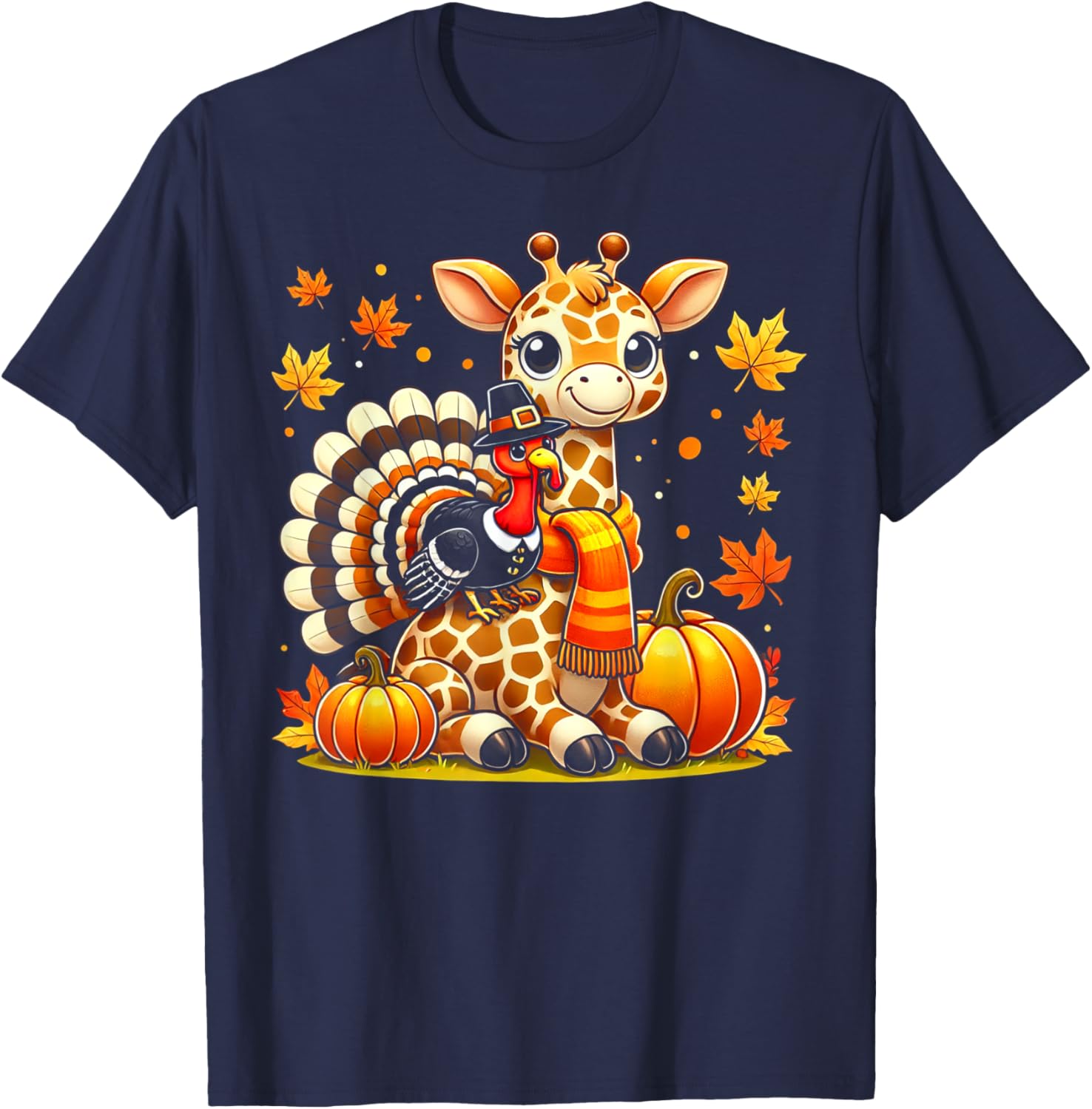 Thanksgiving Turkey Riding Giraffe With Fall Pumpkins T-Shirt - T-Shirt | Navy