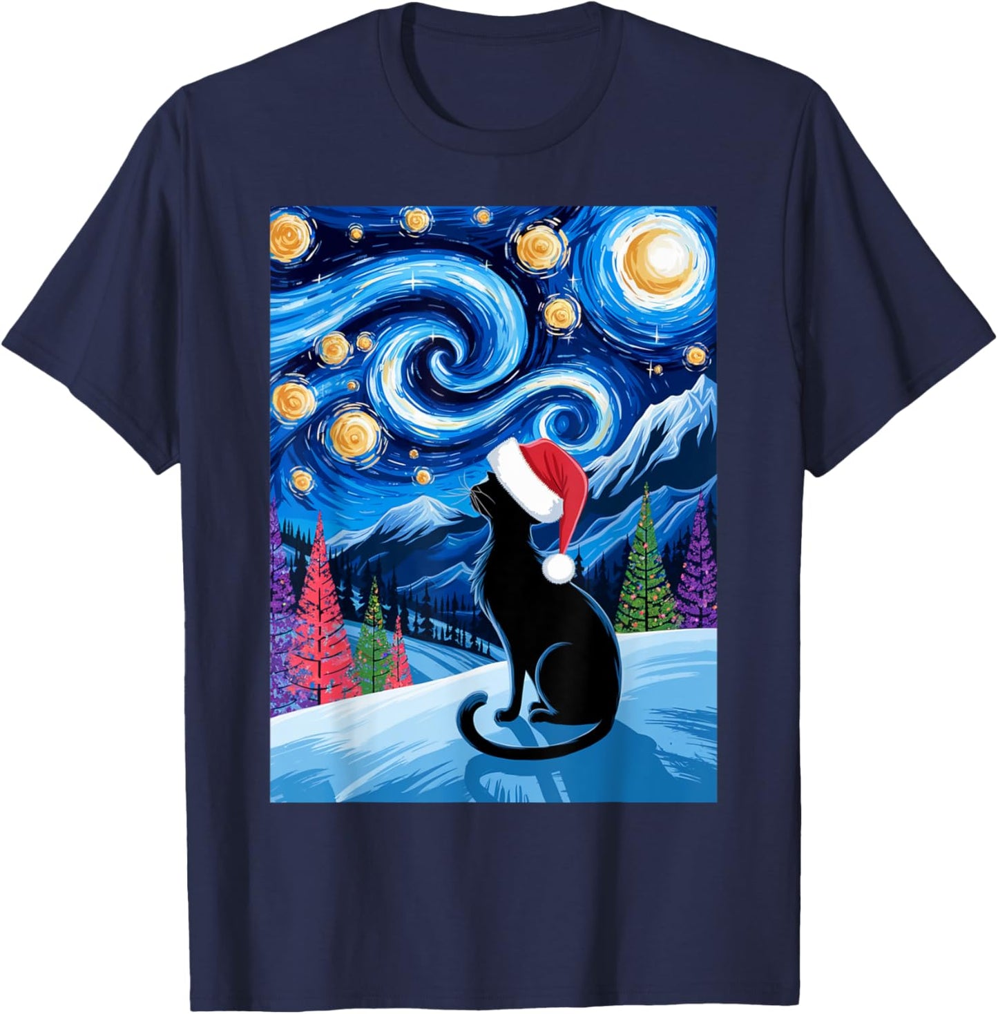 Van Gogh Christmas Cat Starry Night Black Cat Fans Santa Hat T-Shirt - T-Shirt | Navy