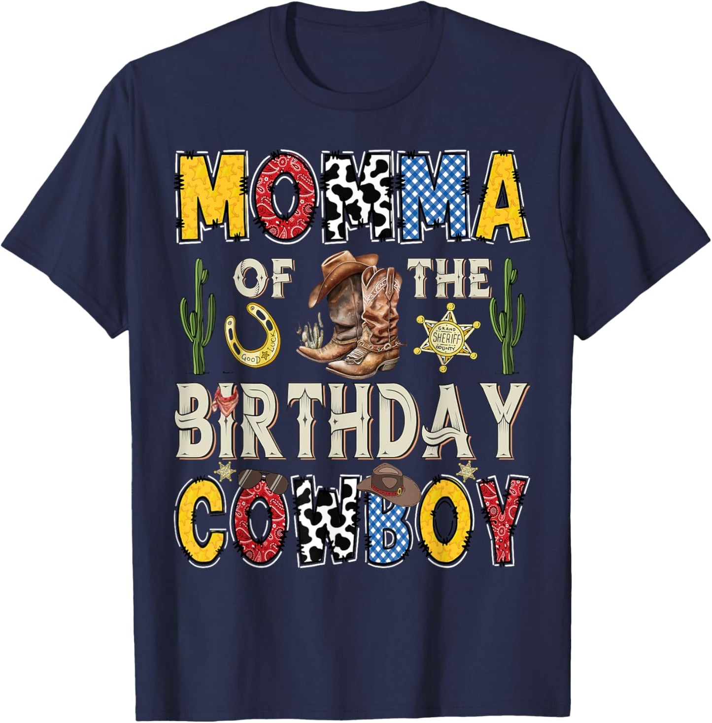 Momma Of The Birthday CowBoy Rodeo Momma Western T-Shirt - T-Shirt | Navy