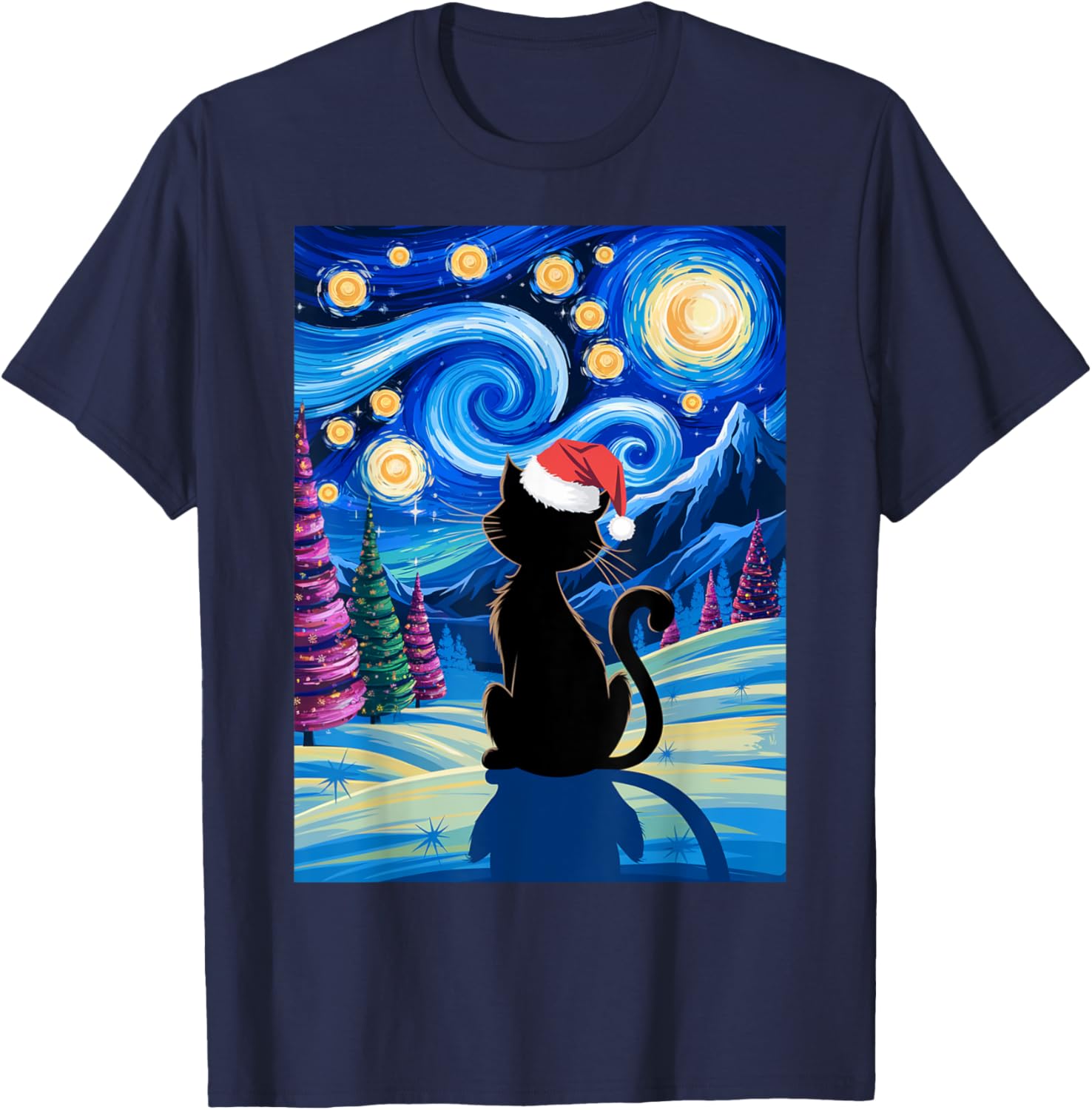 Christmas Van Gogh Cat Starry Night Black Cat Santa Hat Fans T-Shirt - T-Shirt | Navy