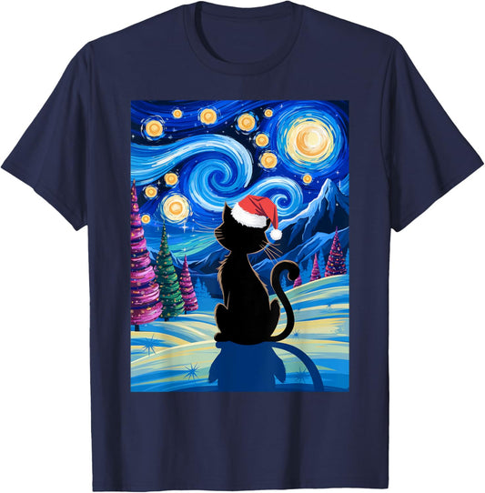Christmas Van Gogh Cat Starry Night Black Cat Santa Hat Fans T-Shirt - T-Shirt | Navy