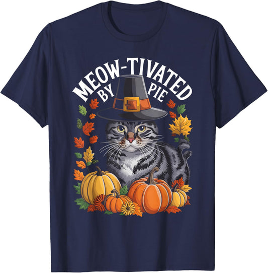 Thanksgiving Pilgrim Cat Lover Meow-tivated T-Shirt - T-Shirt | Navy