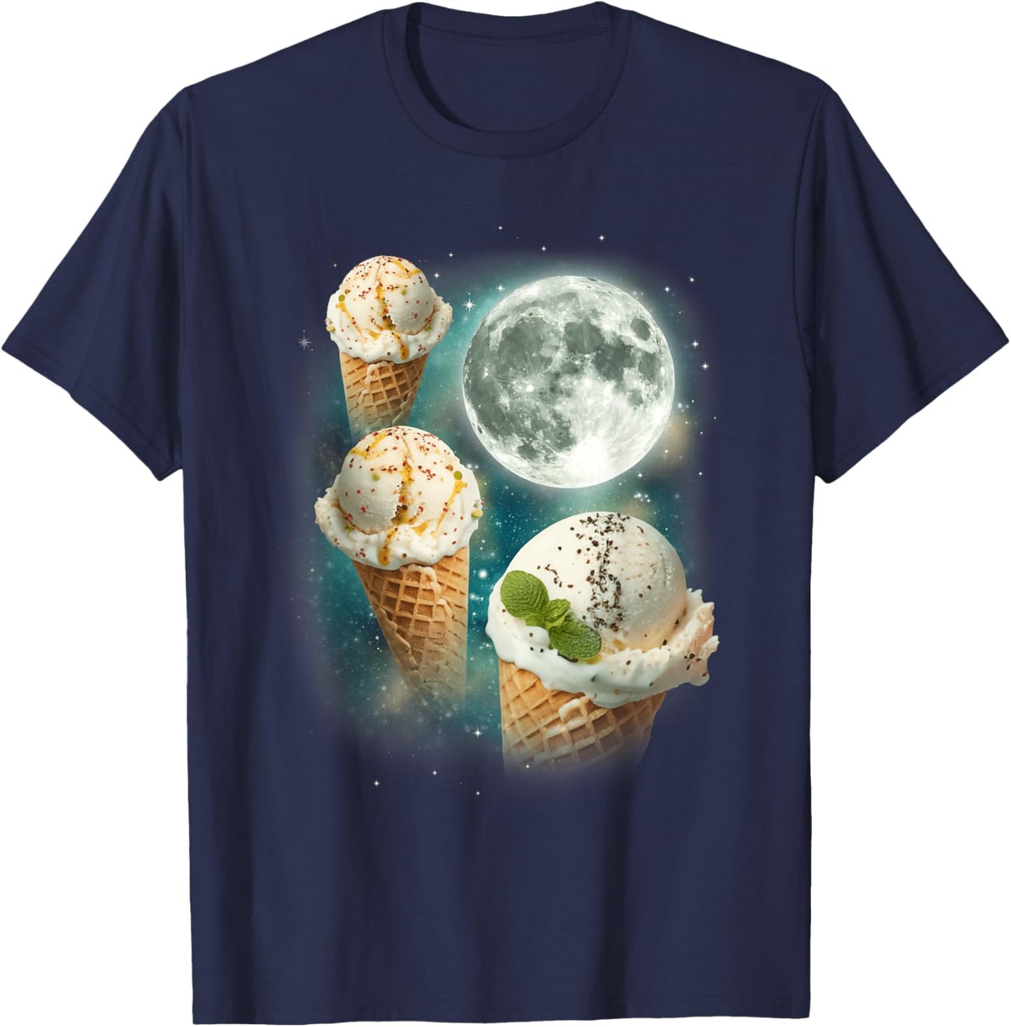 Three Ice-Creams Moon | 3 Scoops Magical Sweet Cold Treat T-Shirt - T-Shirt | Navy