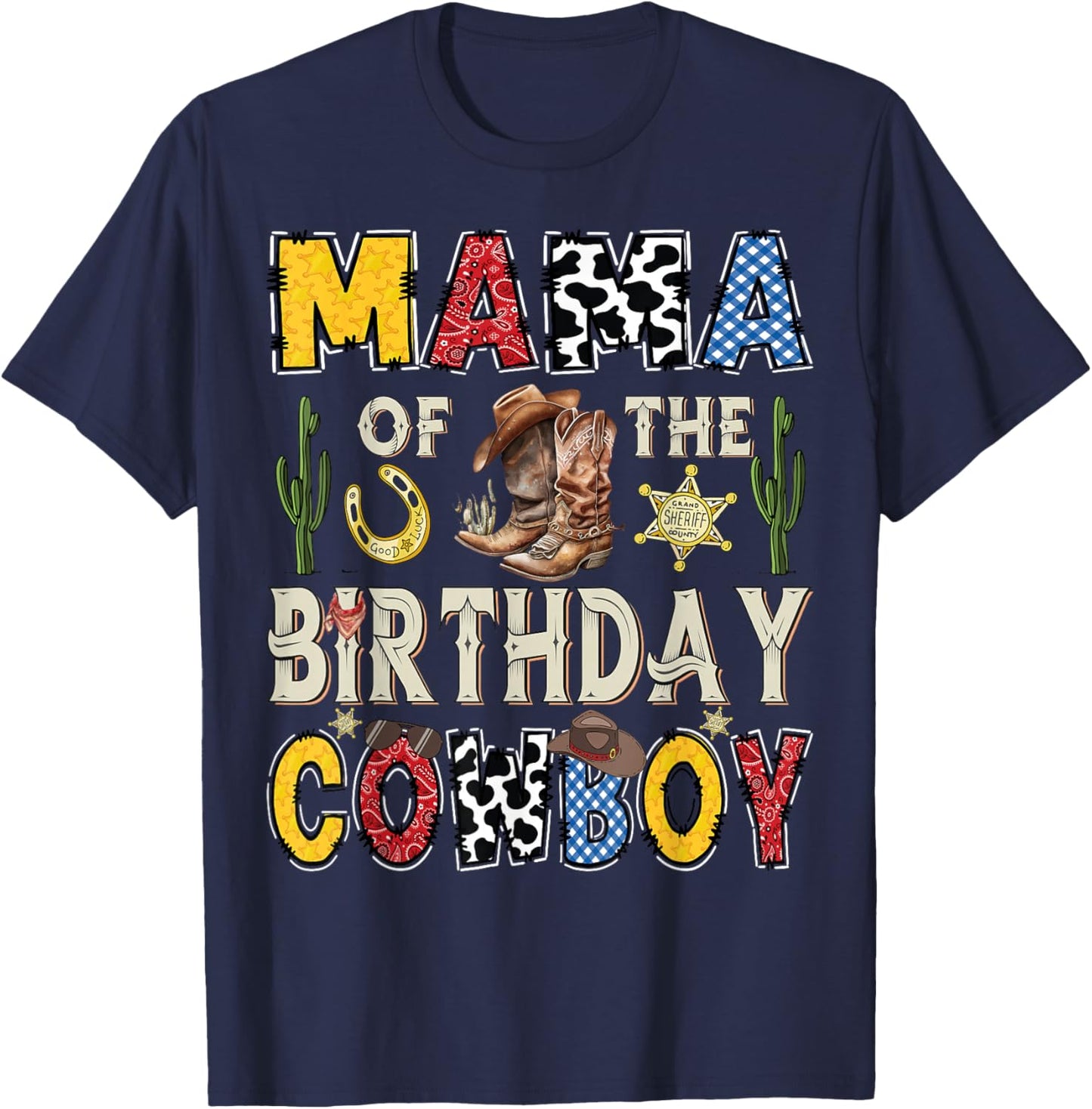 Mama Of The Birthday CowBoy Rodeo Mama Western T-Shirt - T-Shirt | Navy