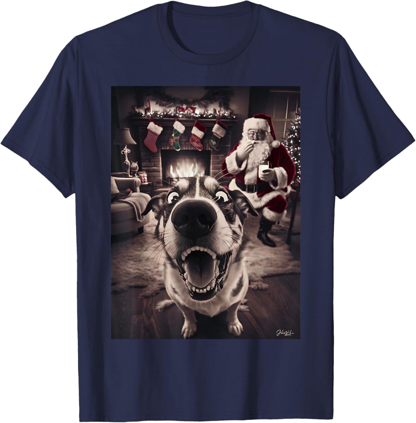 Funny Dog Selfie With Santa Xmas Christmas Women Girls Kids T-Shirt - T-Shirt | Navy
