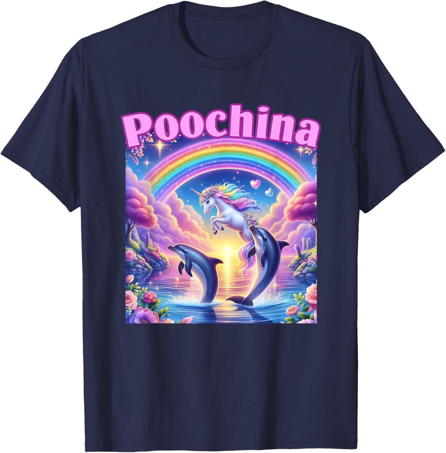 Poochina, Ironic Funny Meme, Women Trendy Dolphin T-Shirt - T-Shirt | Navy
