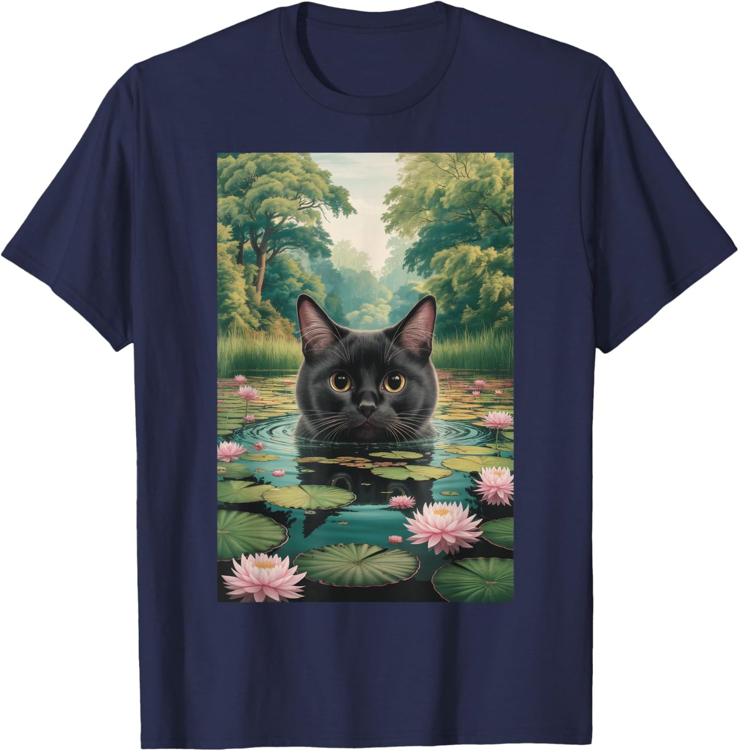 Black Cat Monets Waterlily Painting Art Cat T-Shirt - T-Shirt | Navy