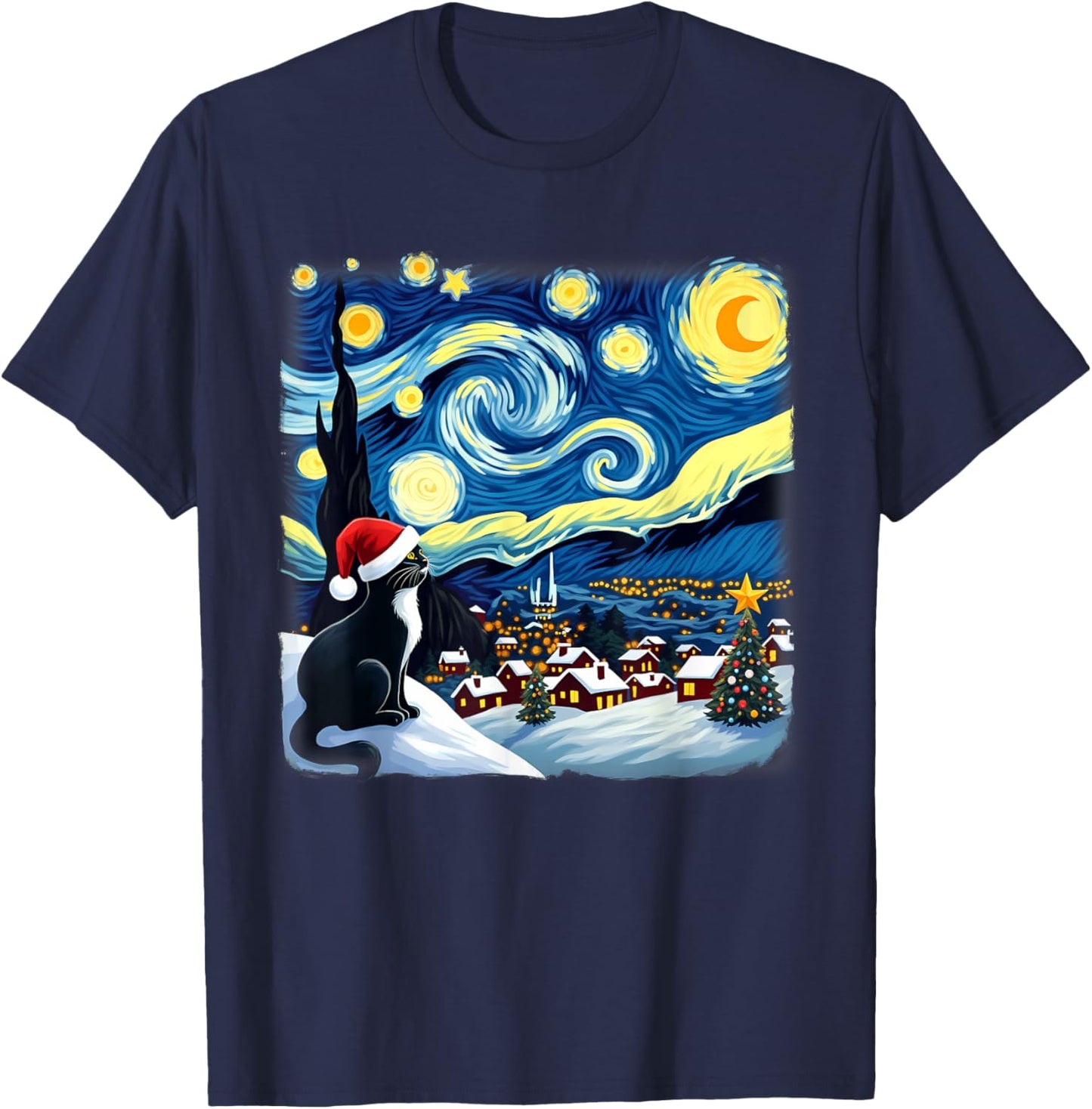 Christmas Tuxedo Cat Starry Night Men Women Kids T-Shirt - T-Shirt | Navy