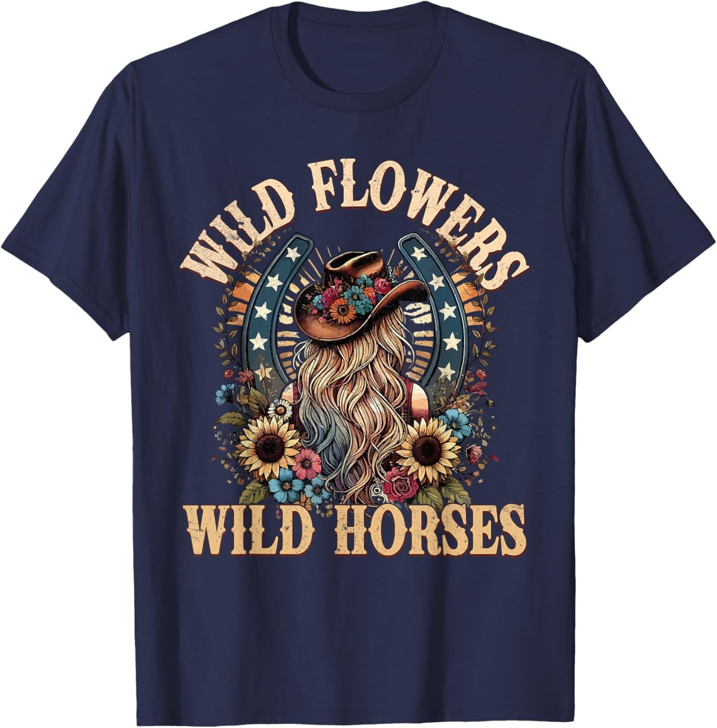 Retro Southern Sunset Cowgirl Wild Flowers - Wild Horses T-Shirt - T-Shirt | Navy
