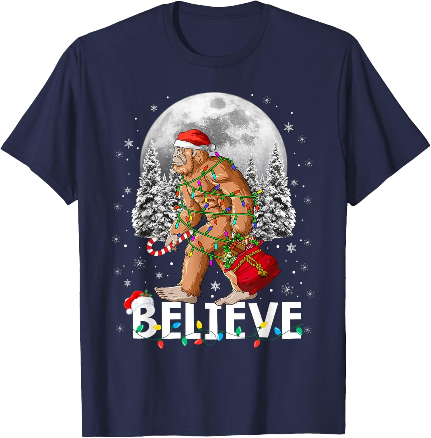 Santa Bigfoot Christmas Lights Funny Sasquatch Believe Xmas T-Shirt - T-Shirt | Navy
