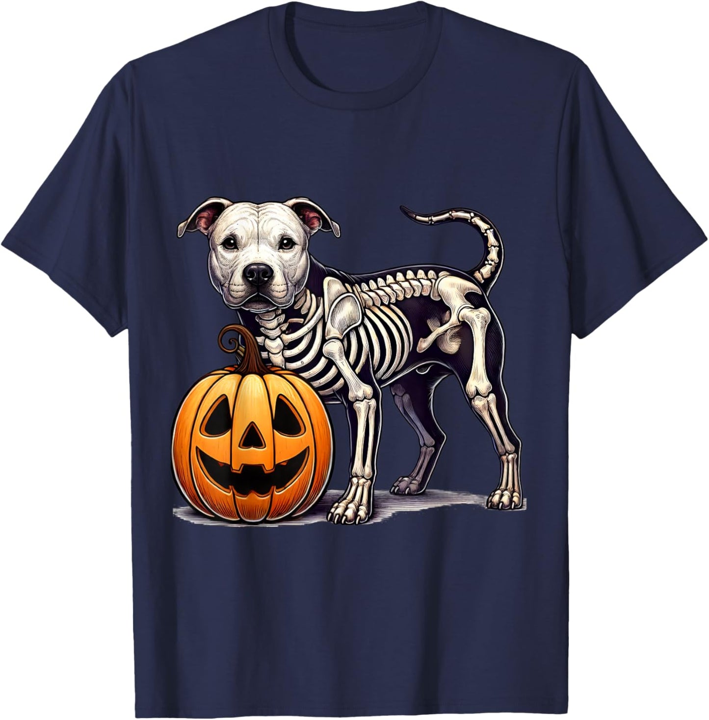 Pit bull Skeleton Jack O Lantern Funny Dog Halloween T-Shirt - T-Shirt | Navy