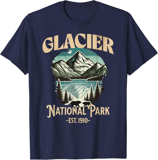 Glacier National Park Est. 1910 | Vintage Souvenir T-Shirt - T-Shirt | Navy