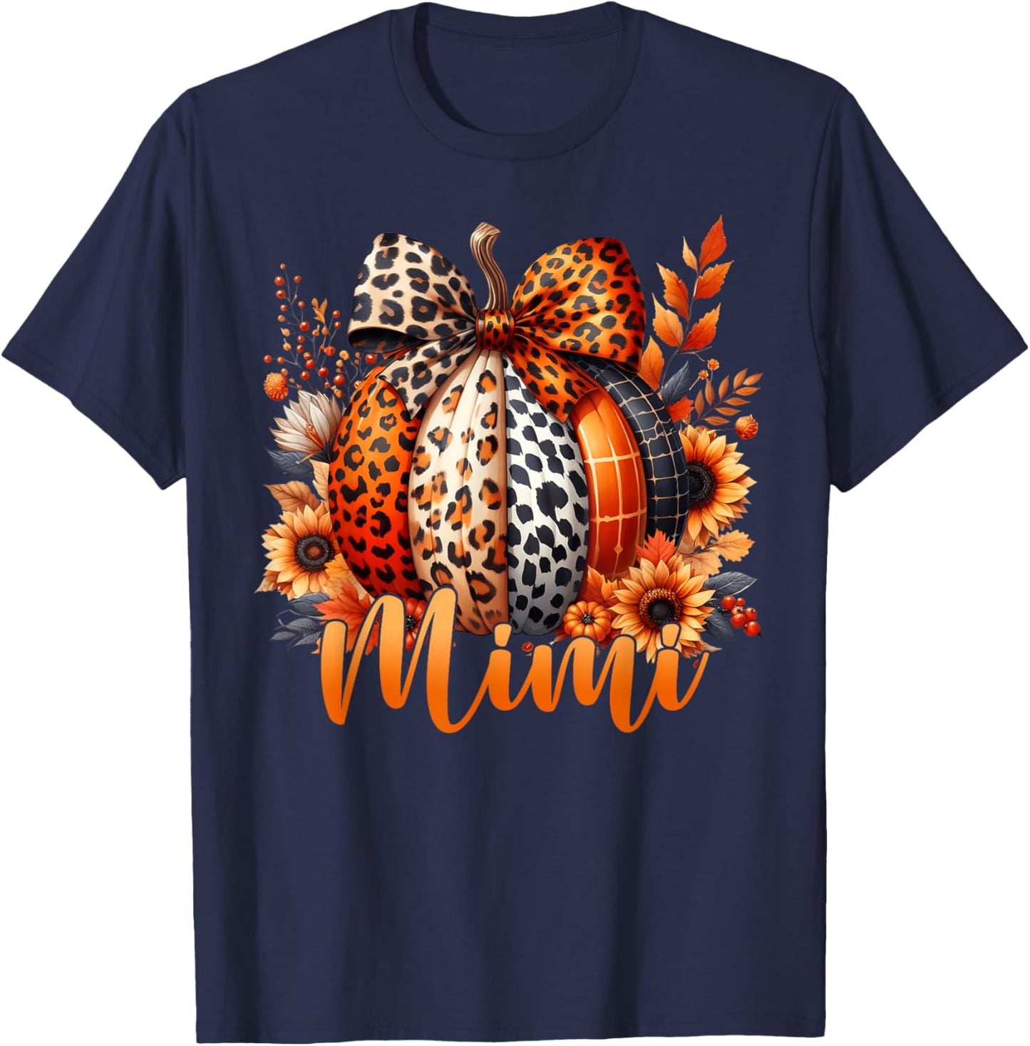 Mimi Thanksgiving Leopard Pumpkin Sunflower Coquette Bow T-Shirt - T-Shirt | Navy