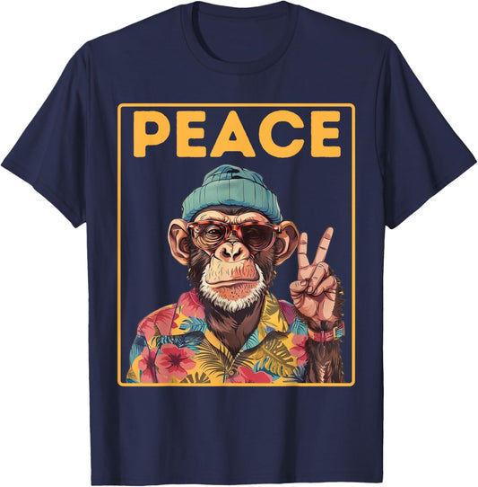 Cool Peace Monkey Vintage Hippie Chimp in Sunglasses T-Shirt - T-Shirt | Navy