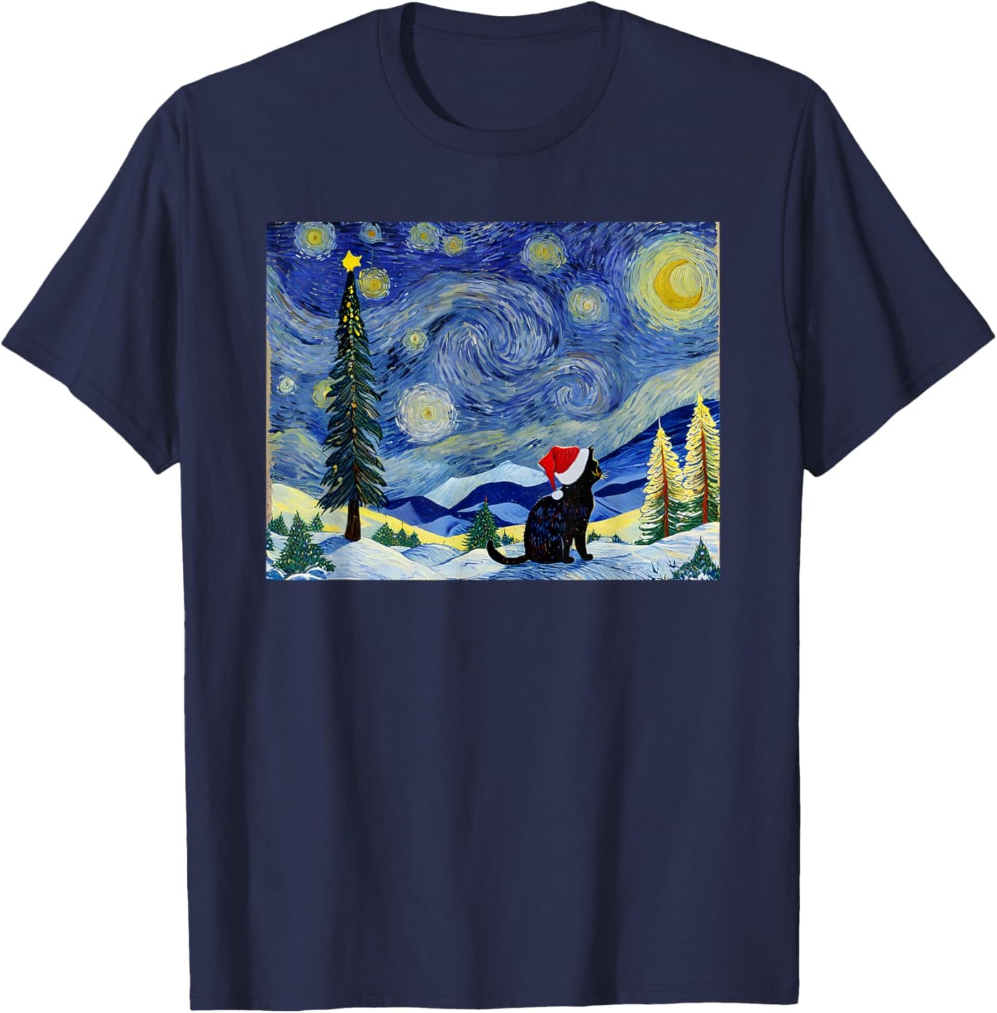 Cat Starry Night Van Gogh Christmas Black Cats Lover Women Kids T-Shirt - T-Shirt | Navy