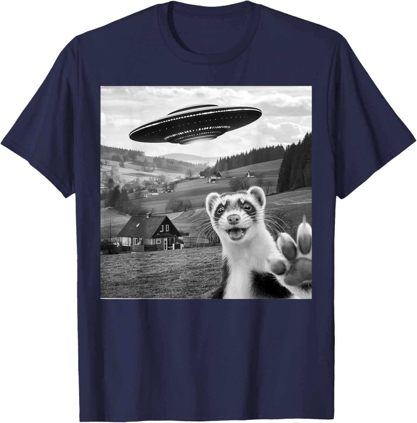 Ferret Selfie With Alien UFO Funny Gifts Women Kid T-Shirt - T-Shirt | Navy