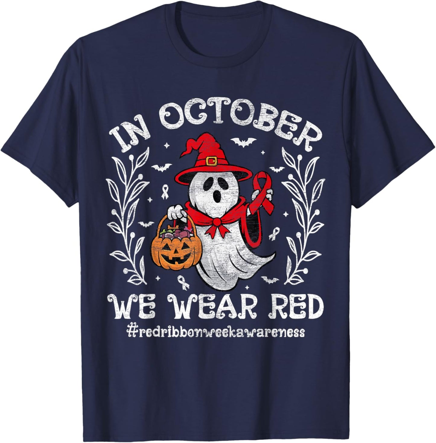 In October We Wear Red For Red Ribbon Week Awareness Ghost T-Shirt - T-Shirt | Navy