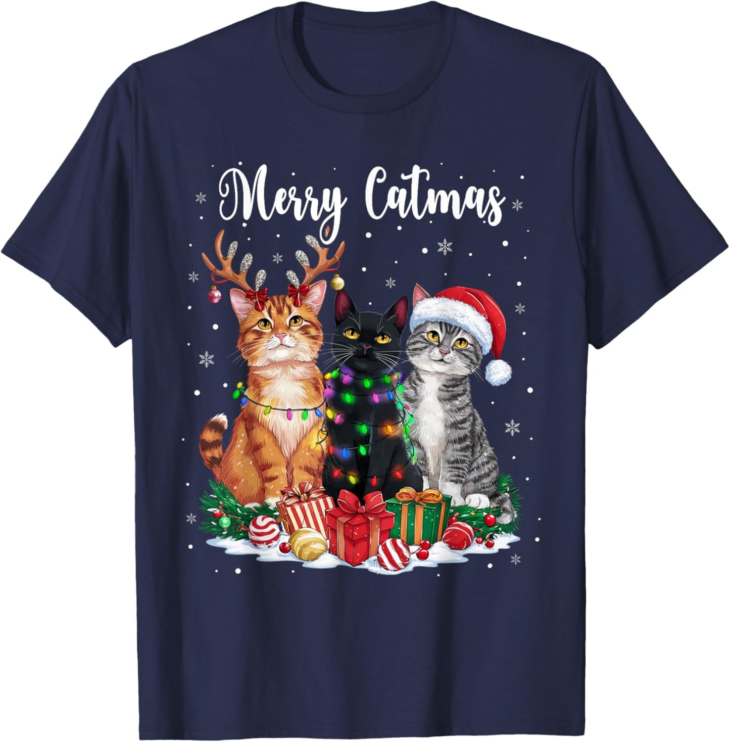 Merry Catmats Reindeer Pajama Christmas Cat Lover Cat Owner T-Shirt - T-Shirt | Navy