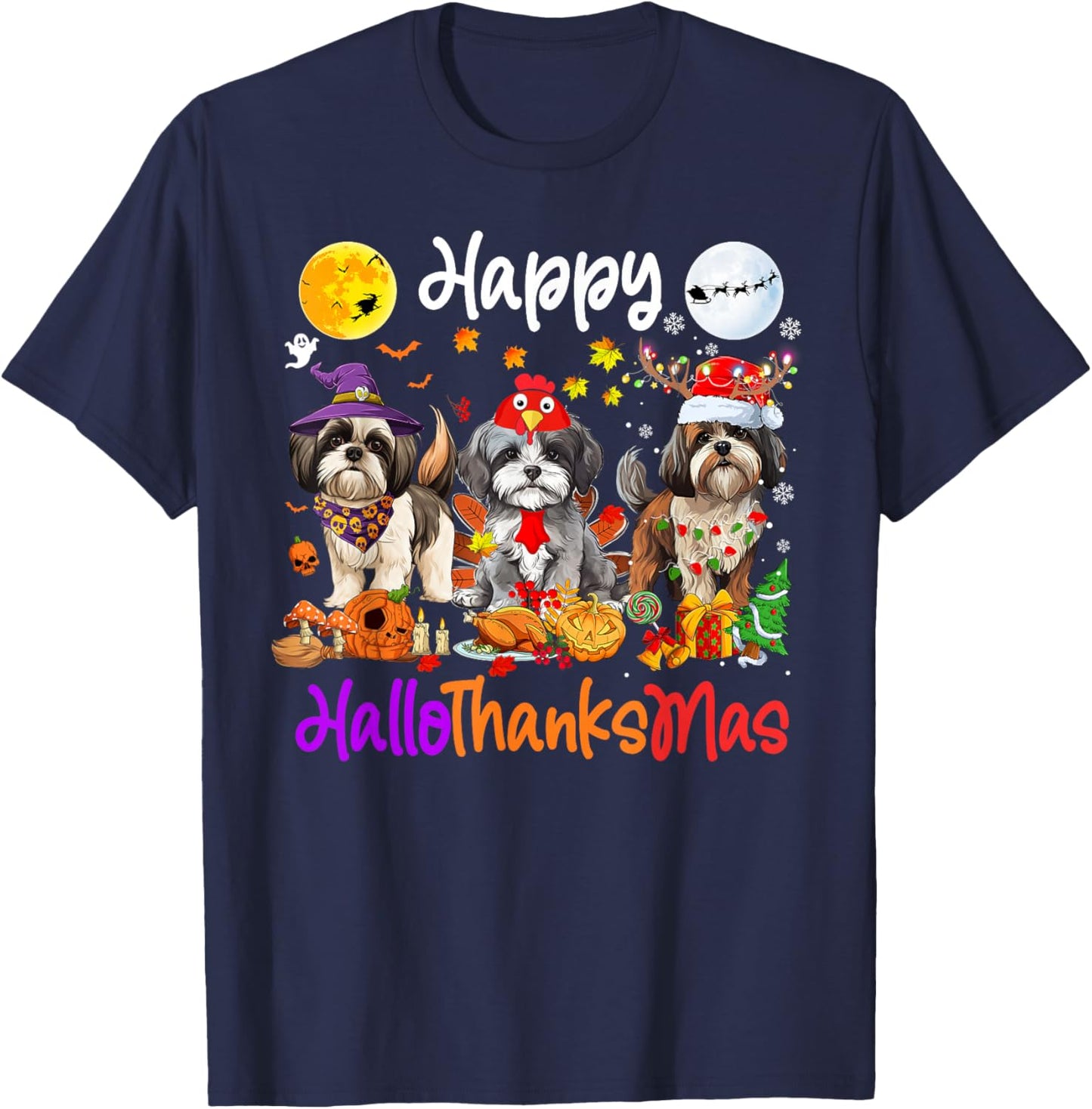Halloween Thanksgiving Christmas Shih Tzu Dog Hallothanksmas T-Shirt - T-Shirt | Navy