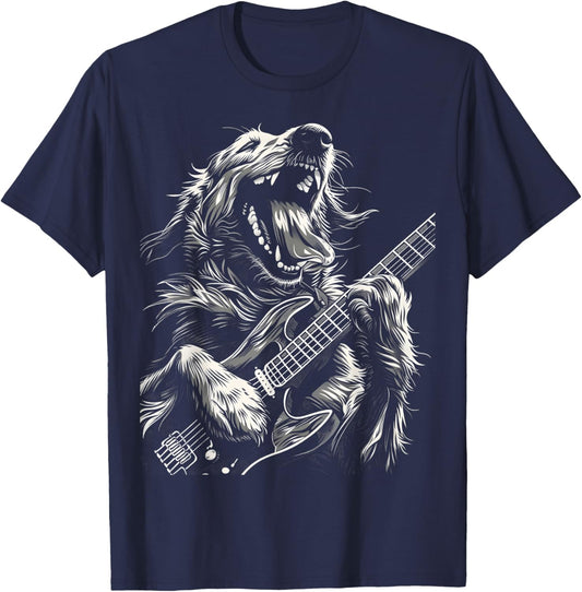 Golden Retriever Dog Playing Electric Guitar Rock Dog Dad Men Women Kids T-Shirt - T-Shirt | Navy