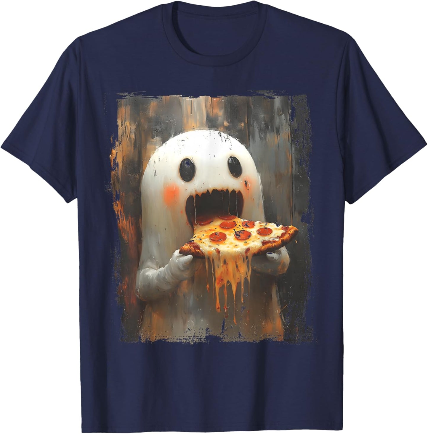 Cute Pizza Ghost Eating Pizza Funny Halloween Food Lovers T-Shirt - T-Shirt | Navy