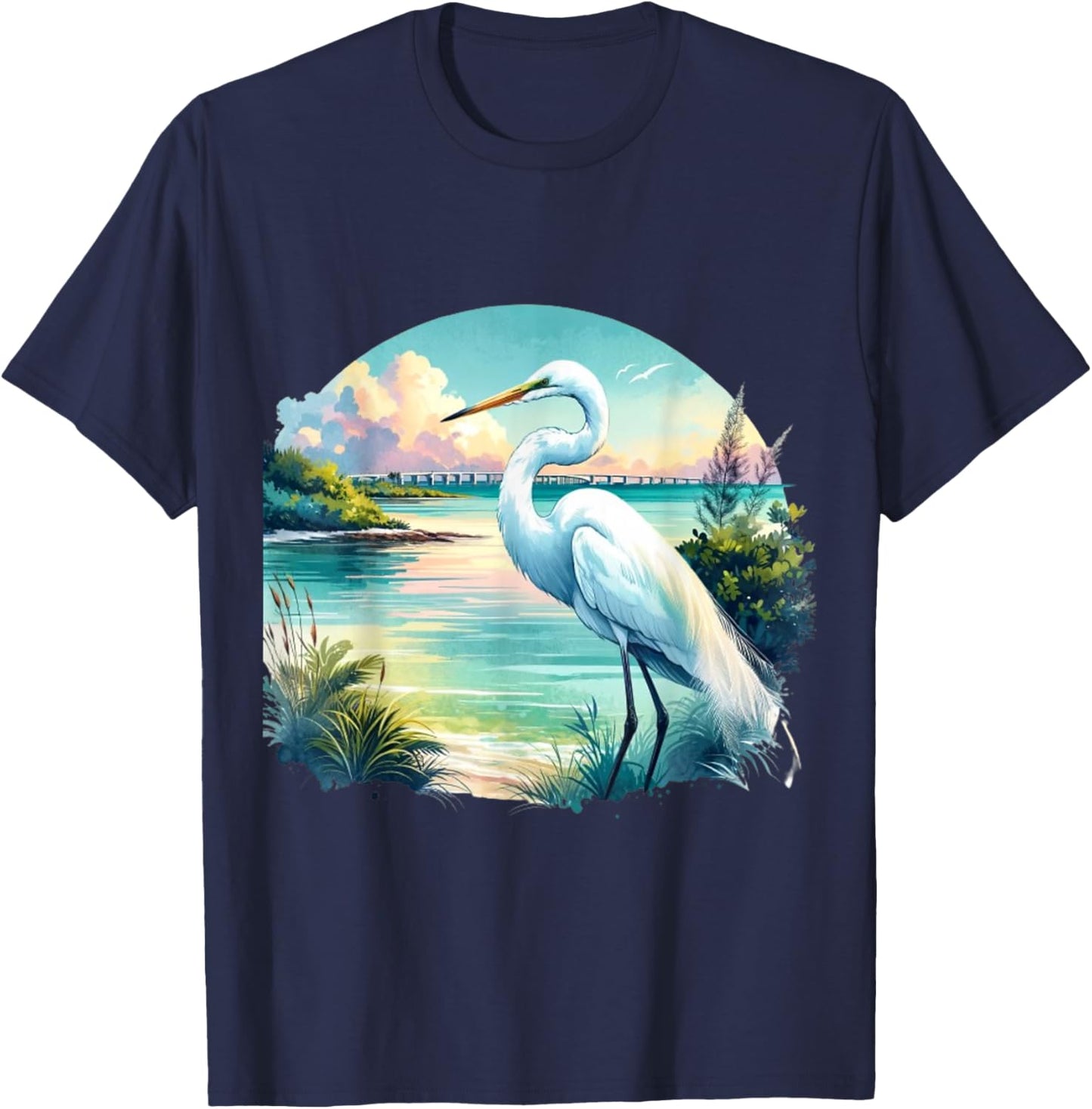 White Egret Florida Keys Nature T-Shirt - T-Shirt | Navy
