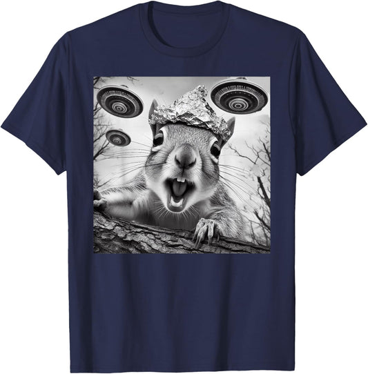 Funny Alien Squirrel Selfie With Tin Foil Hat UFO Encounter T-Shirt - T-Shirt | Navy