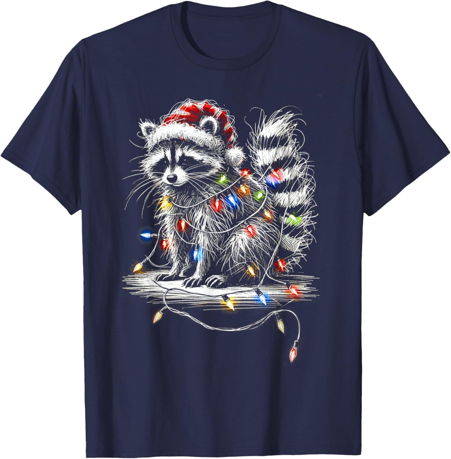 Funny Raccoon Santa Hat Christmas Tree Lights Pajama T-Shirt - T-Shirt | Navy