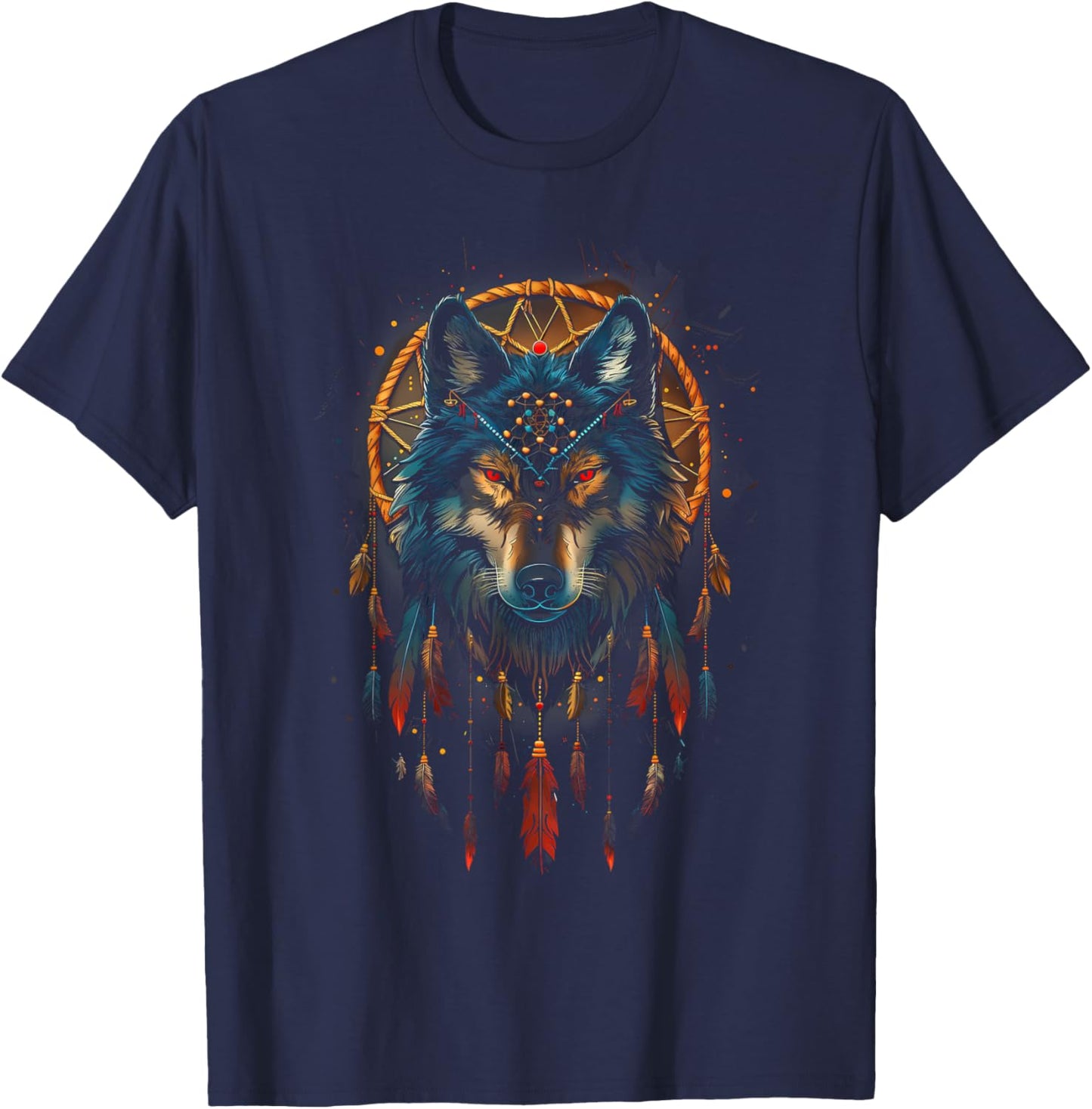 Colorful Mantra Spirit Animal Dreamcatcher Shop Wolf Dreamcatcher Native American Indian Feathers Arts -Adults Black Small Modern Tribal Boho Motif Round Collar Short Sleeve T-Shirt - T-Shirt | Navy