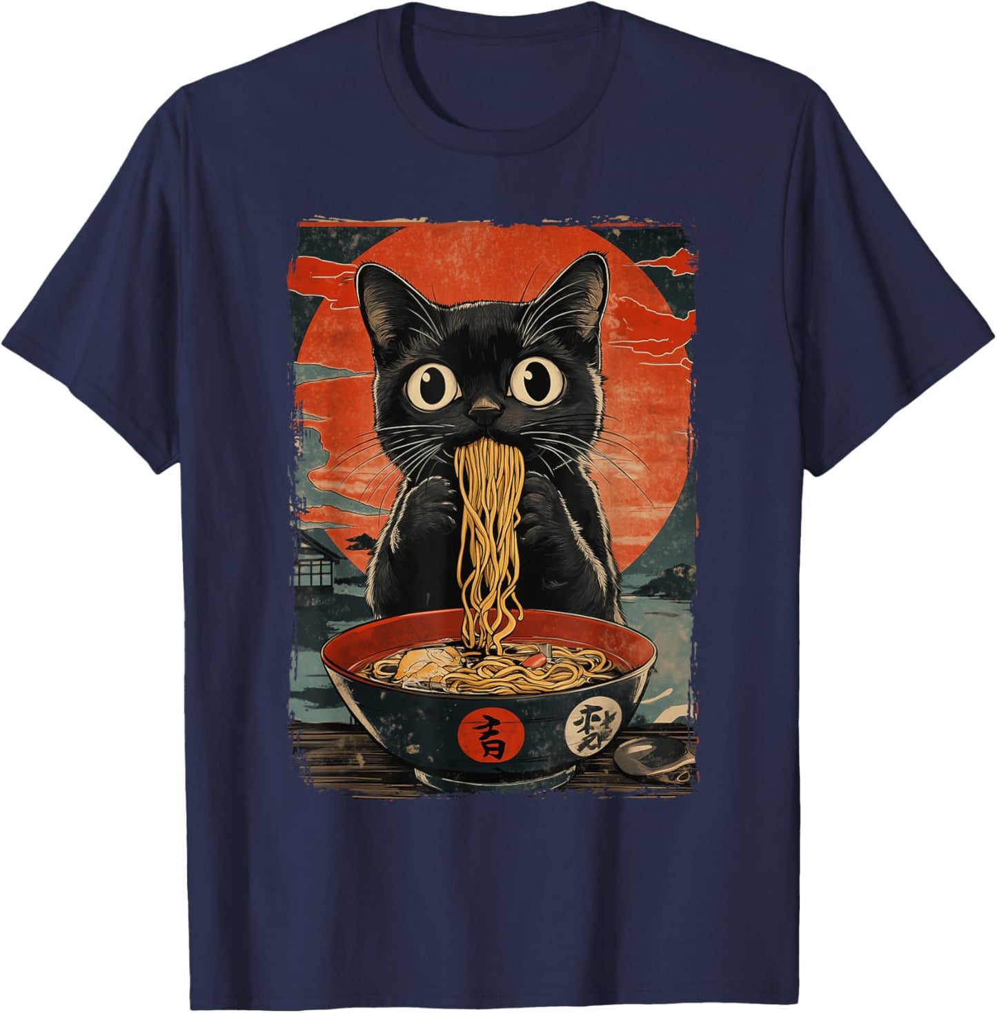 Black Cat Eating Ramen Vintage T-Shirt - T-Shirt | Navy