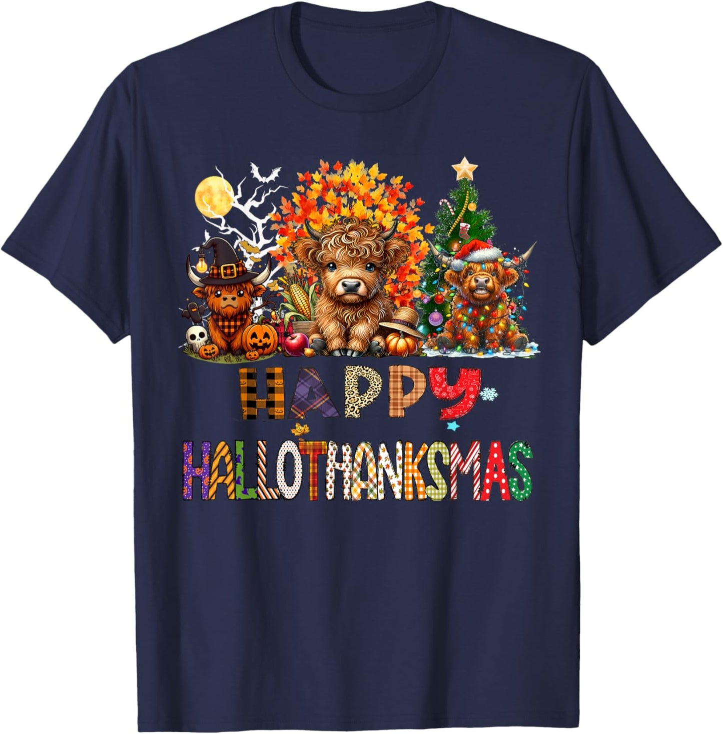 Happy Halloween Thanksgiving Christmas Highland Cow Holiday T-Shirt - T-Shirt | Navy