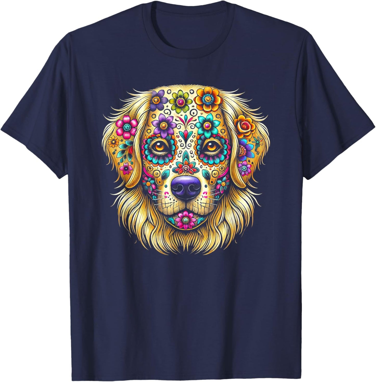 Golden Retriever Day of the Dead Halloween Sugar Skull Dog Men Women Kids T-Shirt - T-Shirt | Navy