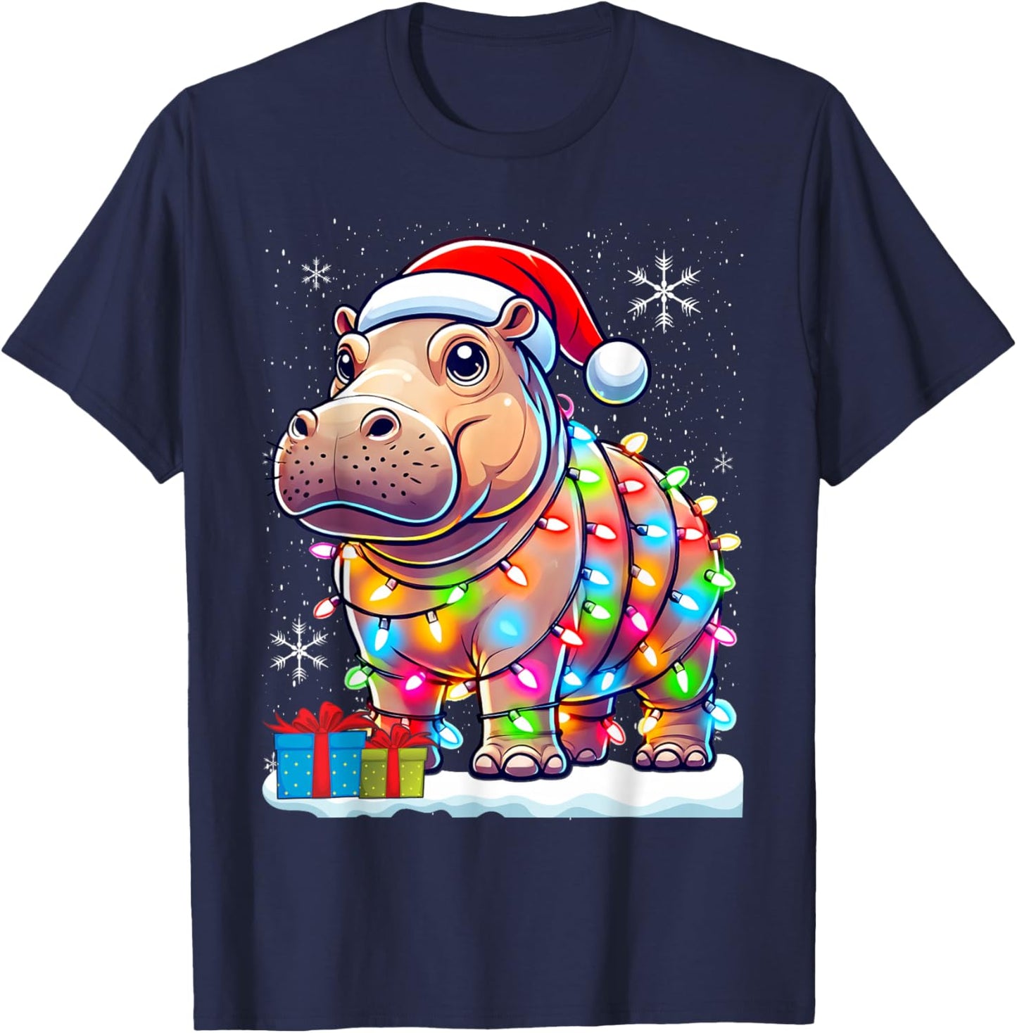 Hippo Lover Gift Co. Christmas Lights Fiona -Adults & Kids , Black, Small, Short Sleeve T-Shirt - T-Shirt | Navy