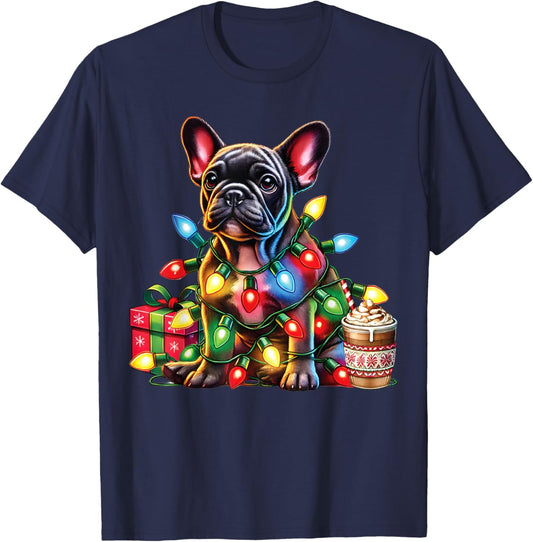 French bulldog Lovers Xmas Reindeer Antlers Christmas Lights Men Women Kids T-Shirt - T-Shirt | Navy