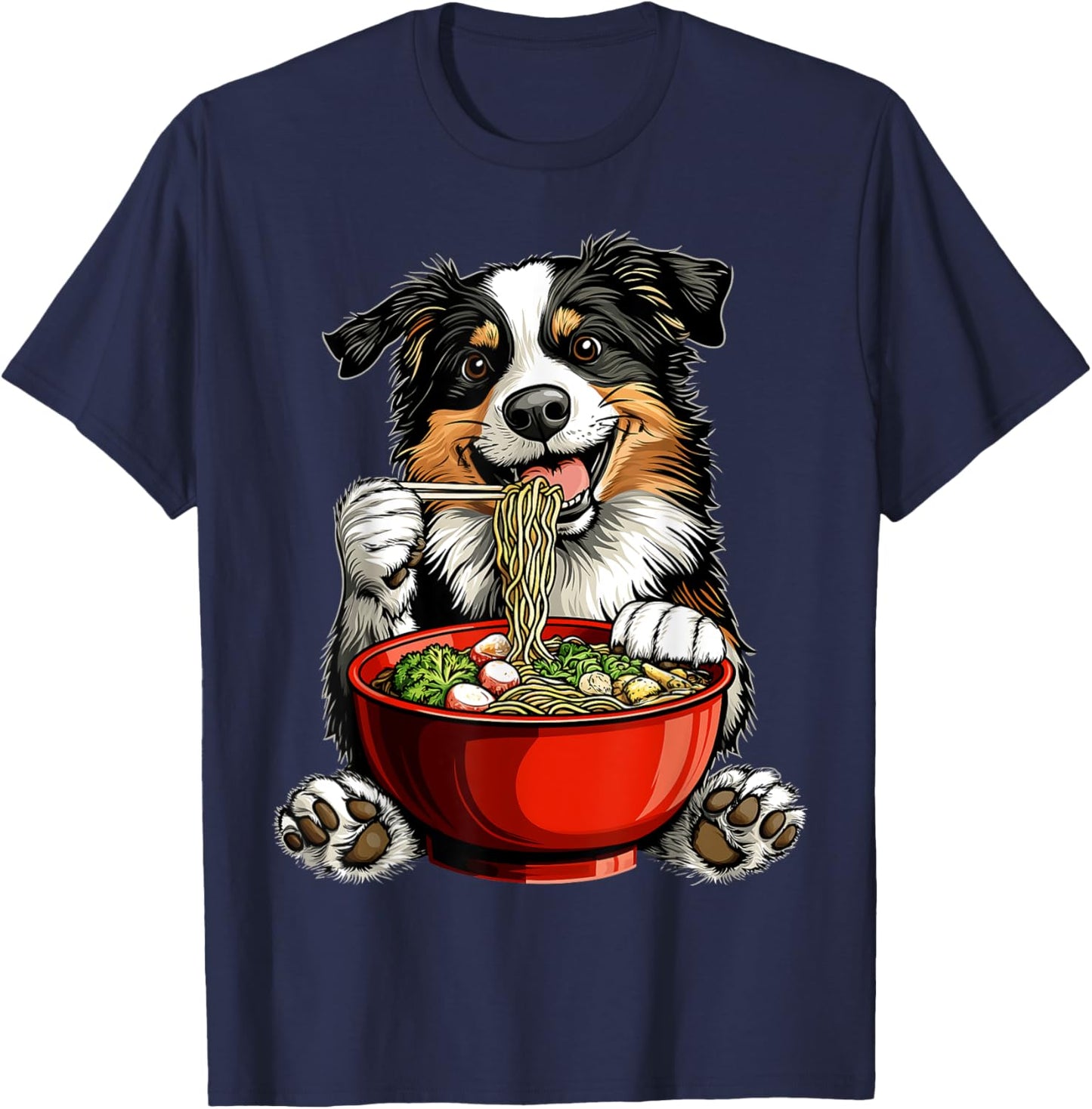 Border Collie Dog Eating Ramen Bowl Japanese Noodles T-Shirt - T-Shirt | Navy
