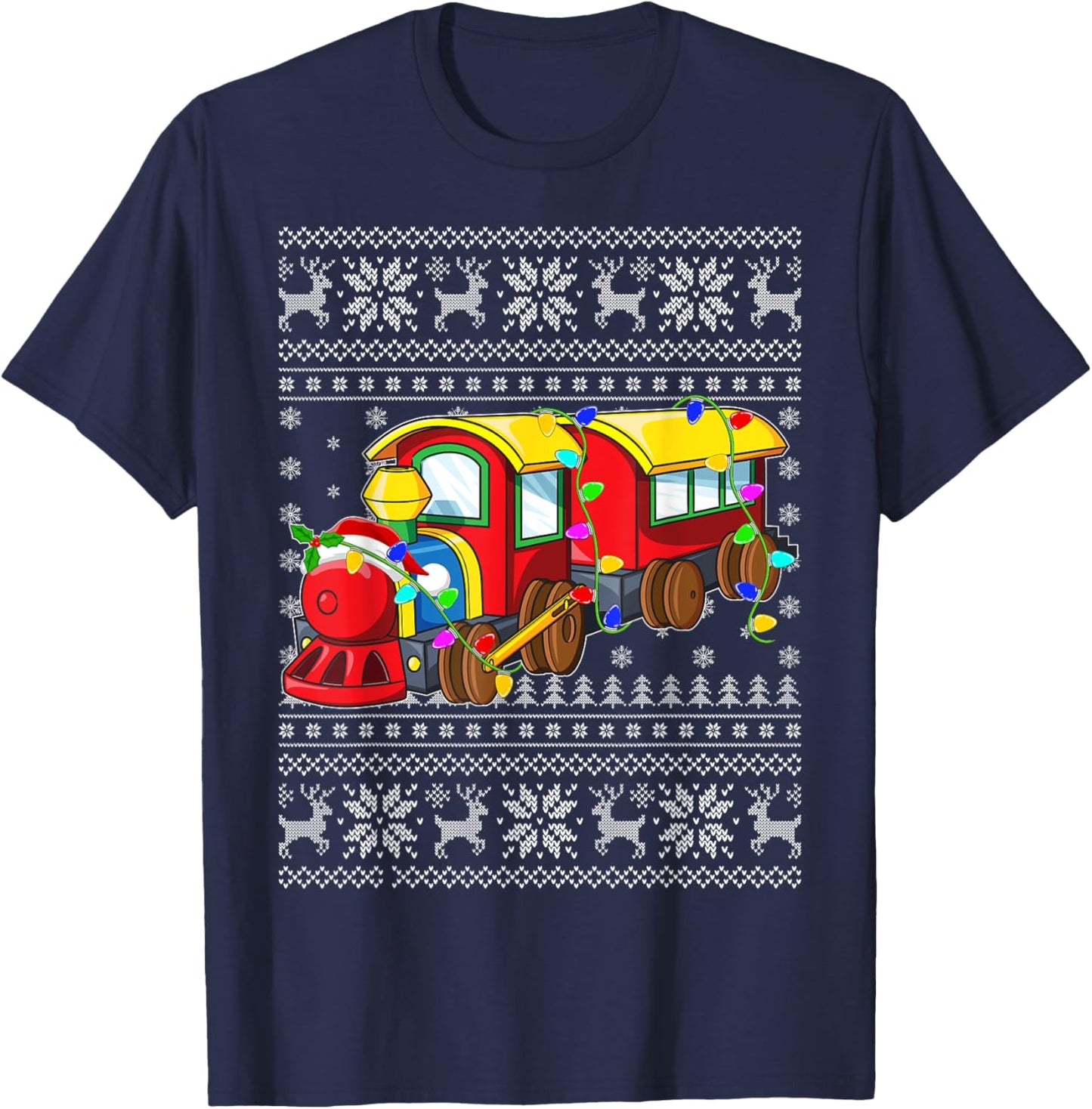 Ugly Sweater Xmas Lights Santa Hat Train Christmas T-Shirt - T-Shirt | Navy