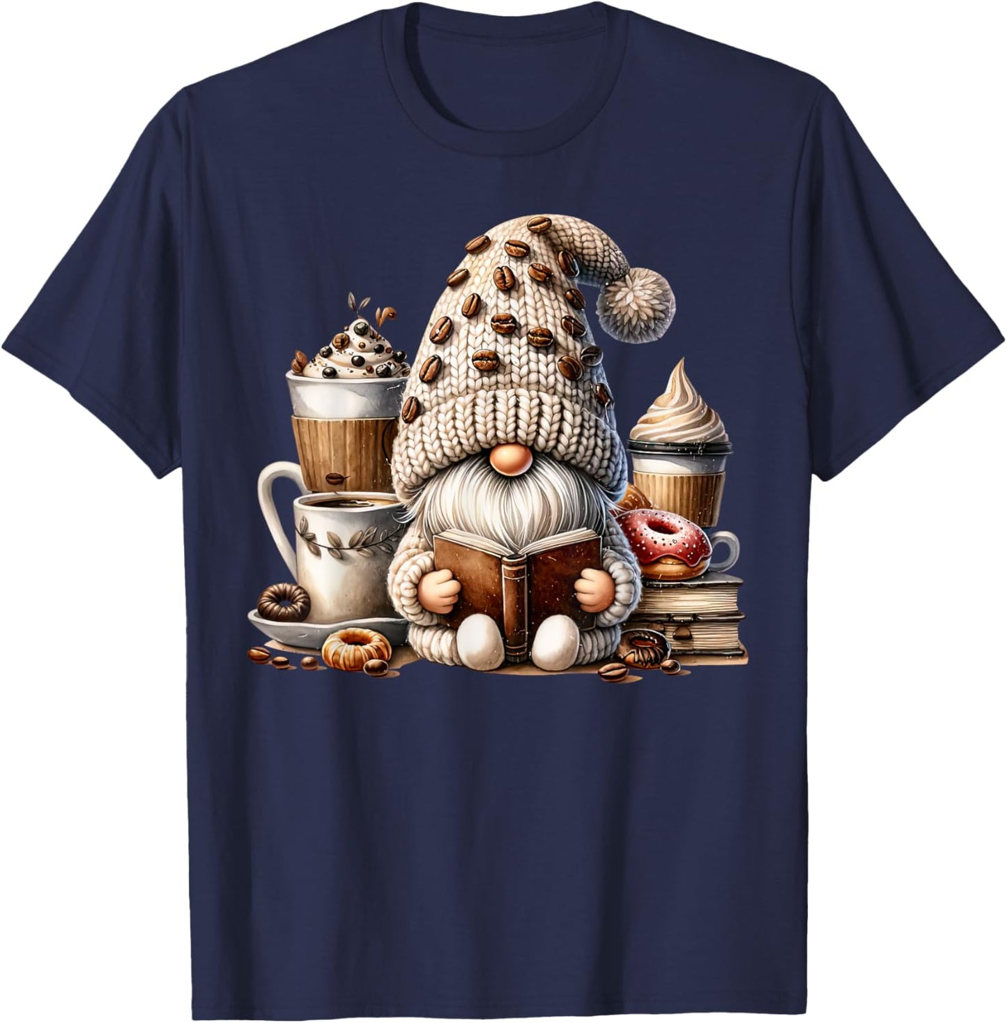 Vintage Cute Gnome Reading Book Coffee Latte Men Women Kids T-Shirt - T-Shirt | Navy