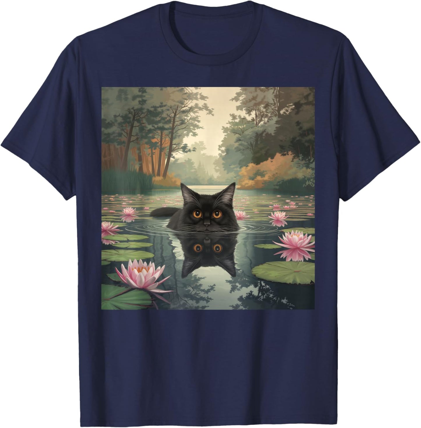 Black Cat Monets Cat Waterlily T-Shirt - T-Shirt | Navy