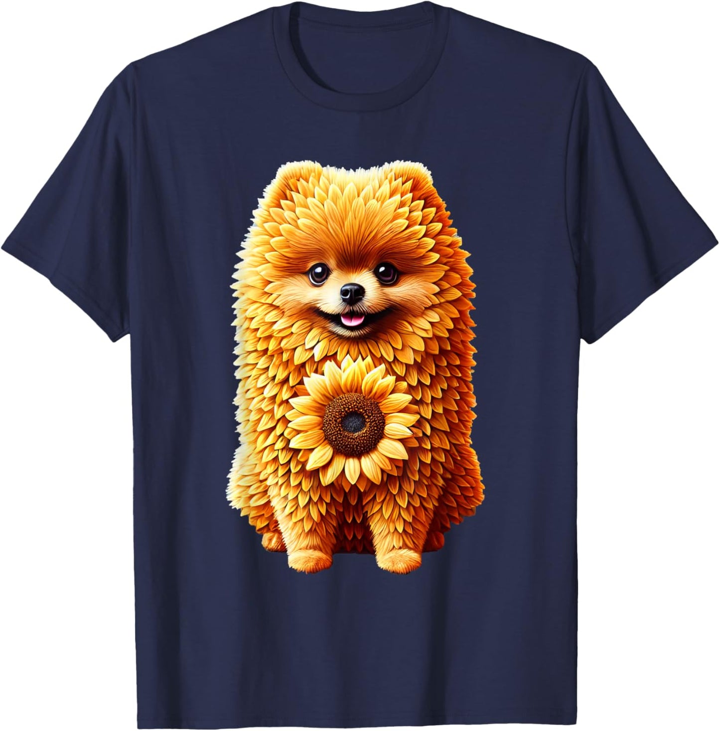 Sunflower Pomeranian Dog Flower Gardening Floral T-Shirt - T-Shirt | Navy