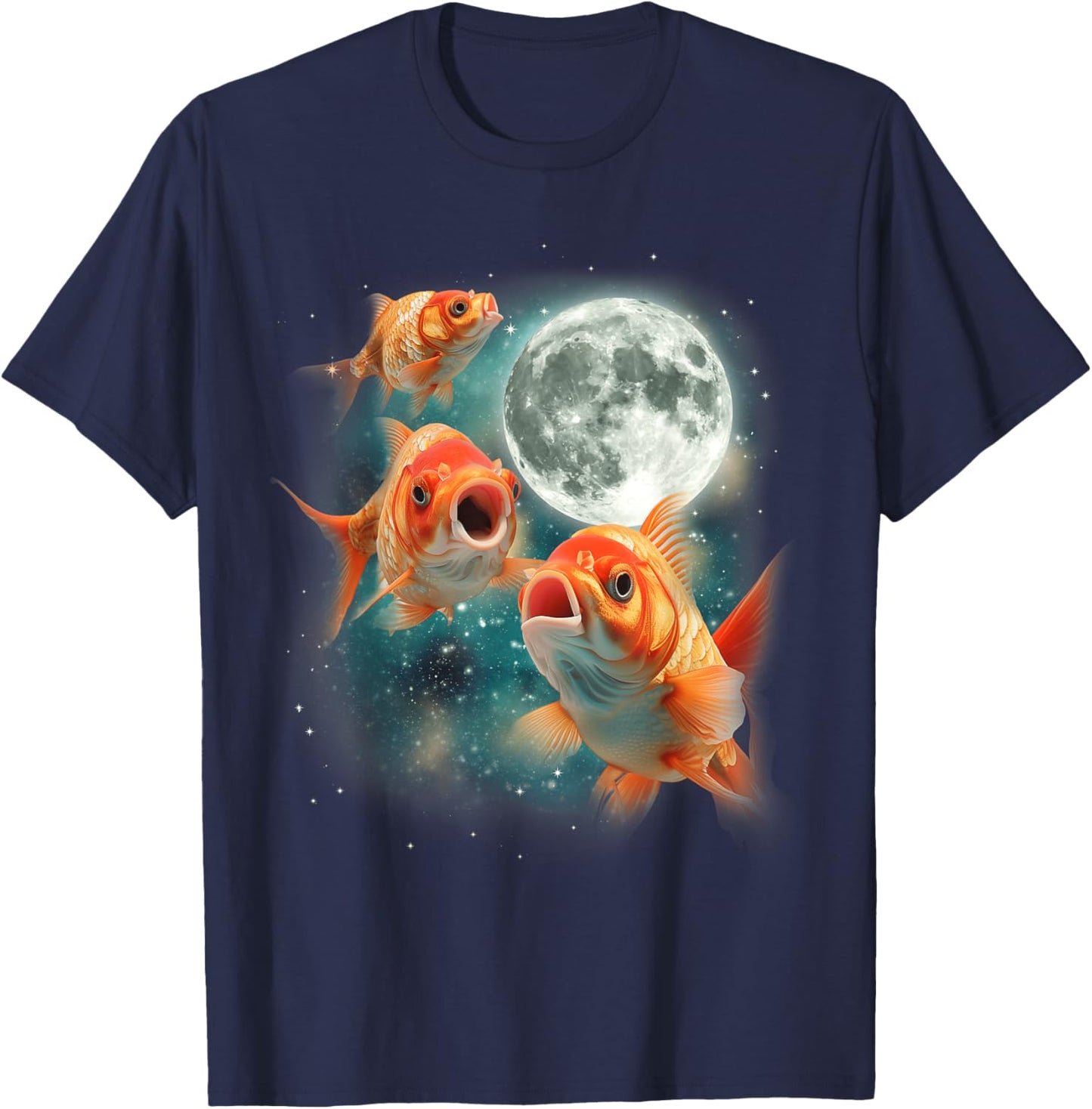 Three Goldfish Moon | 3 Fish Moon Unique Goldfish Parody T-Shirt - T-Shirt | Navy